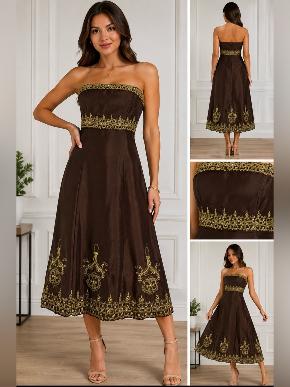 WD NY Women’s Silk Strapless Dress Brown Gold Embroidered Sequin Formal 10 M NEW